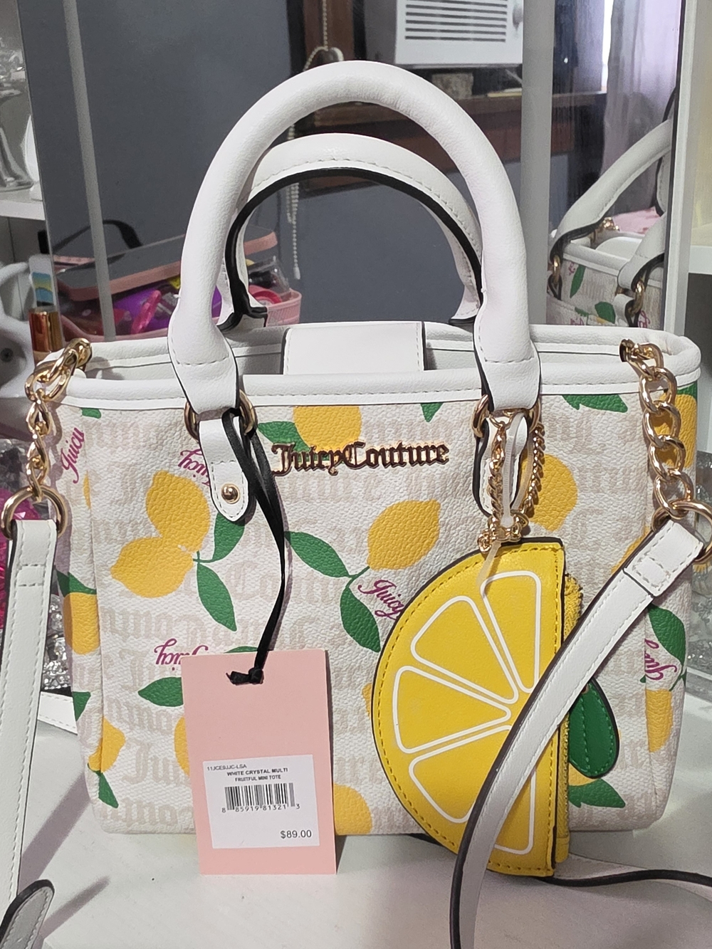Juicy Couture White & Yellow Lemon Print Satchel with Lemon Charm